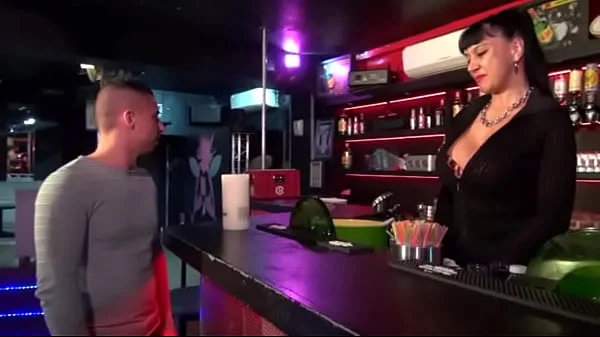 A huge boobed mature cougar barmaid hiring young people by getting banged and facialized