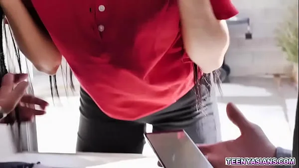 Two horny teens ordered some pizza and fucked this sexy asian delivery girl.